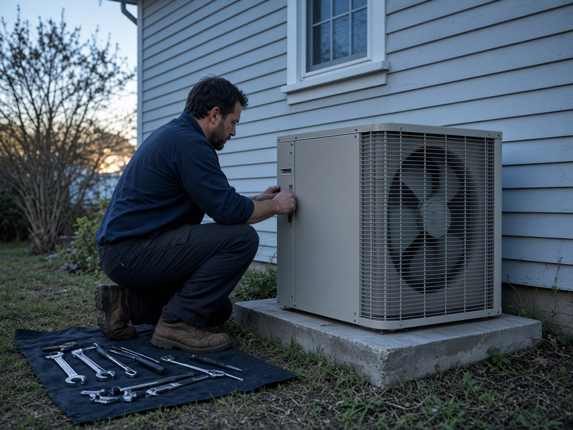 Outdoor condenser service beside a New England house